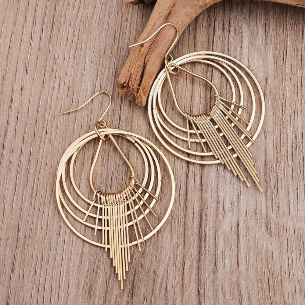 Luxe Gold Tone Circular Drop Earrings - Picture 3 of 4